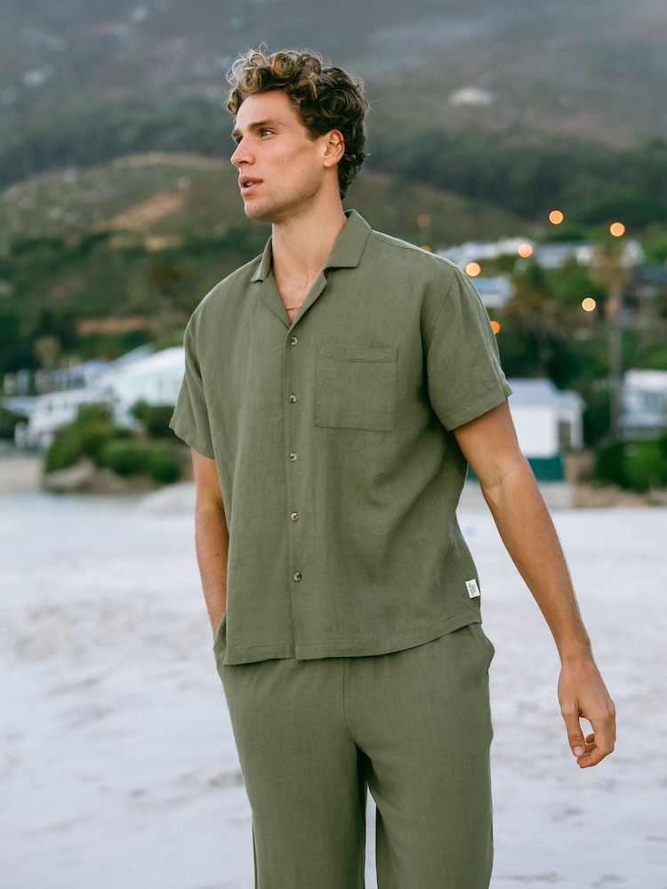 Chelsea Peers Green Linen Blend Embroidered Back Short Sleeve Shirt - Image 1 of 6