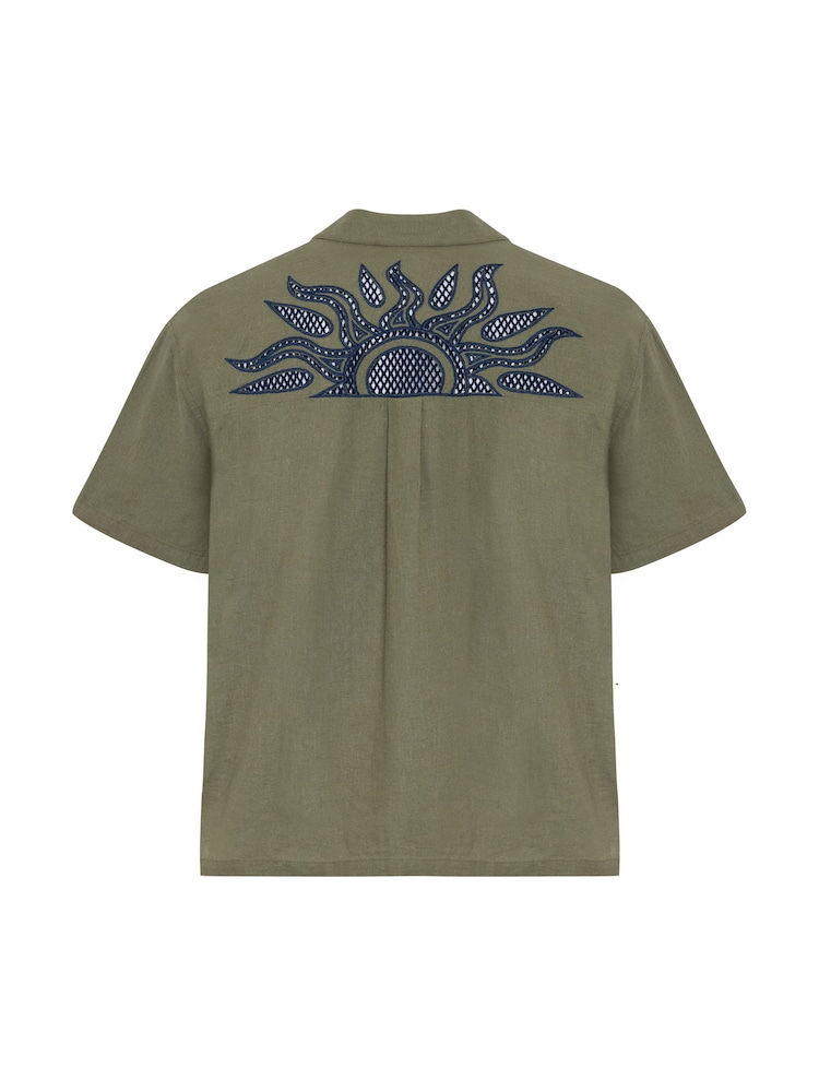 Chelsea Peers Green Linen Blend Embroidered Back Short Sleeve Shirt - Image 6 of 6