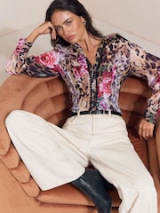 Lipsy Brown Leopard Floral Print Fitted Lace Trim Shirt - Image 1 of 5