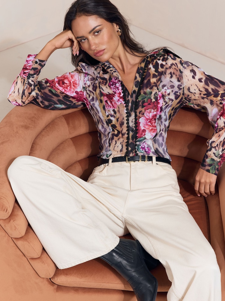 Lipsy Brown Leopard Floral Print Fitted Lace Trim Shirt - Image 1 of 5