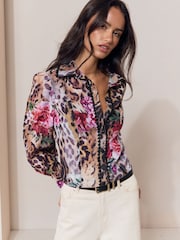 Lipsy Brown Leopard Floral Print Fitted Lace Trim Shirt - Image 2 of 5