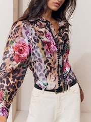 Lipsy Brown Leopard Floral Print Fitted Lace Trim Shirt - Image 4 of 5