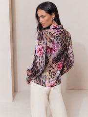 Lipsy Brown Leopard Floral Print Fitted Lace Trim Shirt - Image 5 of 5