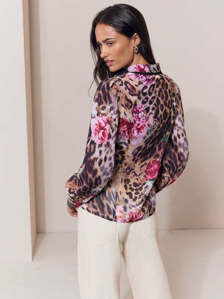 Lipsy Brown Leopard Floral Print Fitted Lace Trim Shirt - Image 5 of 5