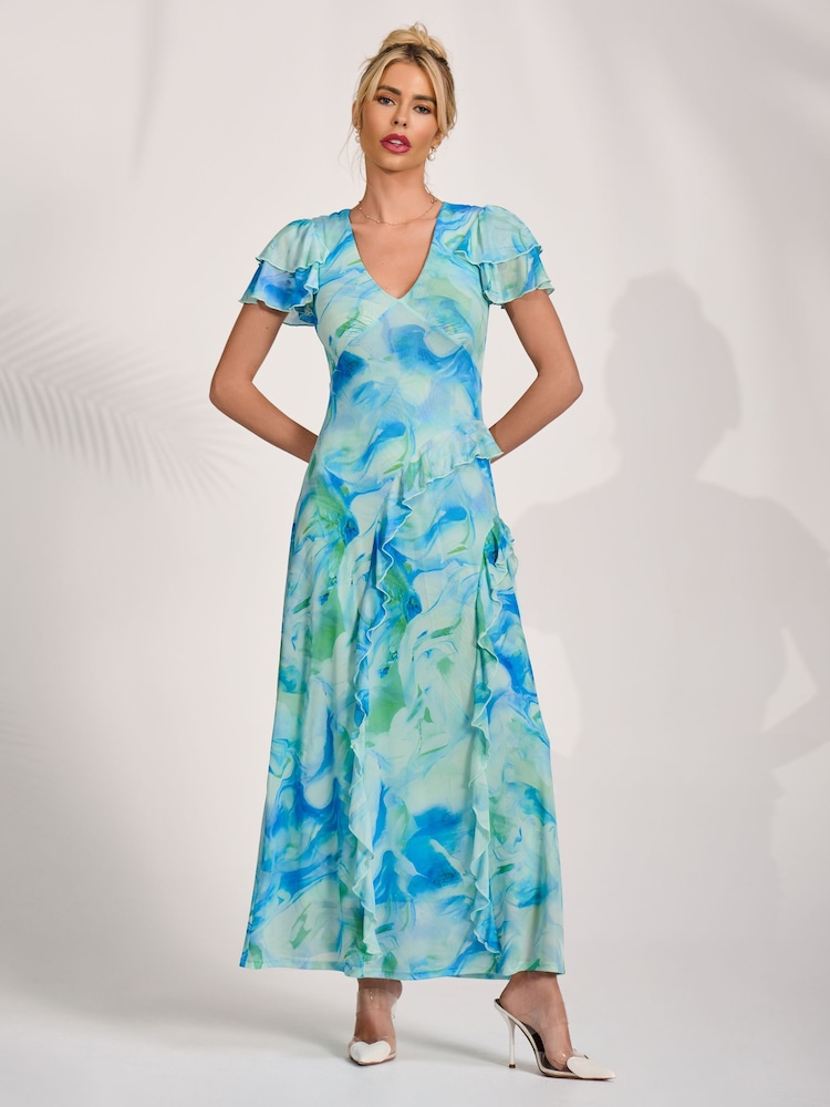 Blau - Jolie Moi Cap Sleeve Ruffle Mesh Maxi Dress - Bild 1 von 6