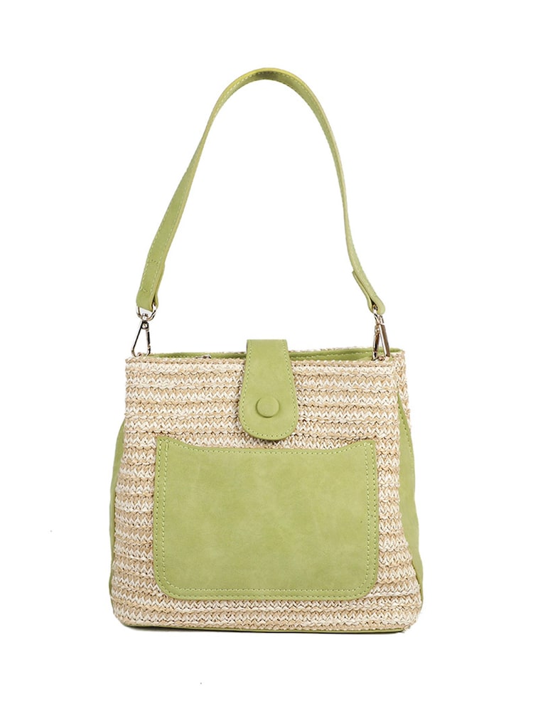Pavers Green Woven Shoulder Bag with Faux Leather Trim - Image 1 of 5 Pavers Green Woven Shoulder Bag with Faux Leather Trim - Image 1 of 5
