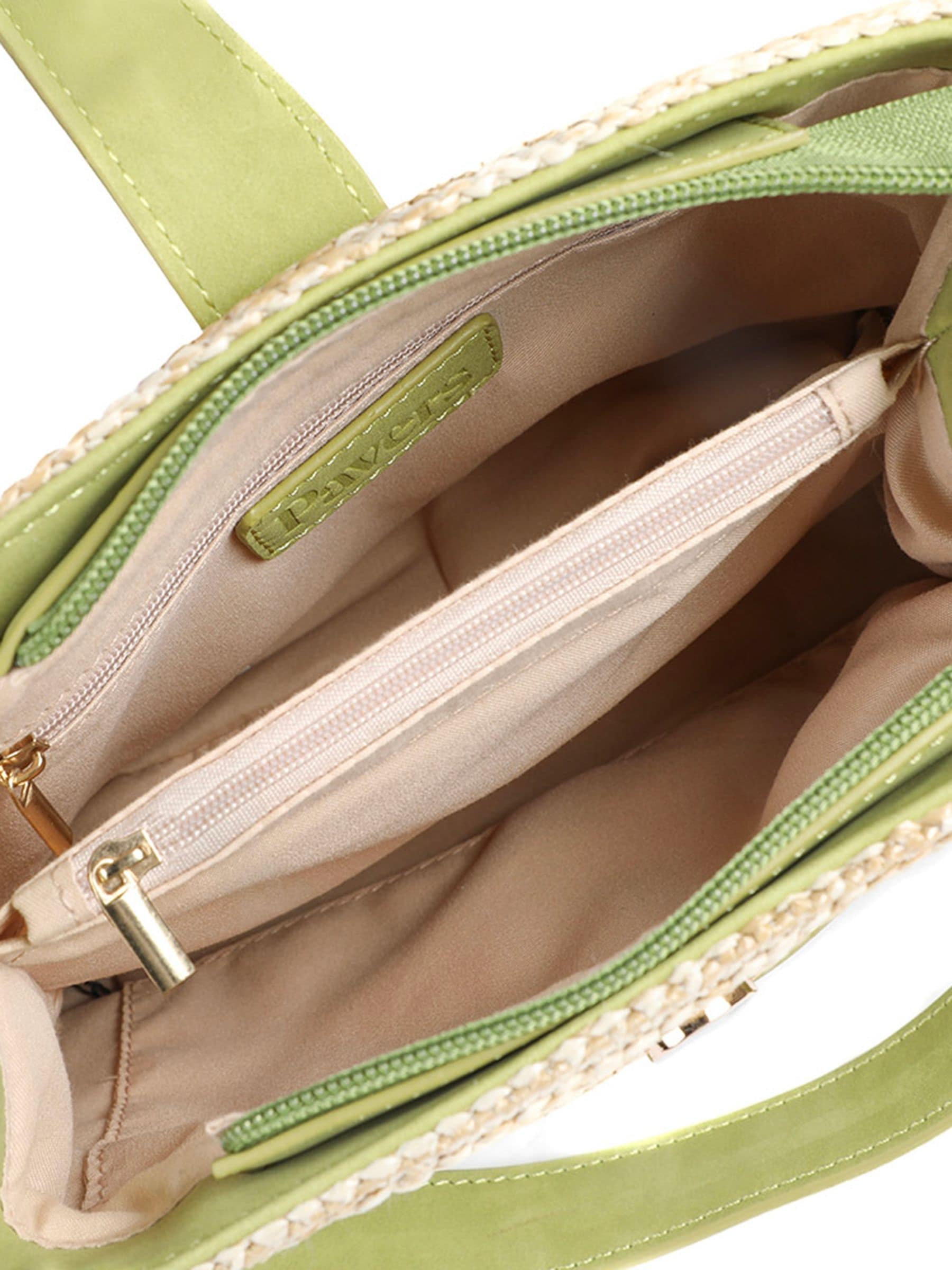 Buy Pavers Green Woven Shoulder Bag with Faux Leather Trim from