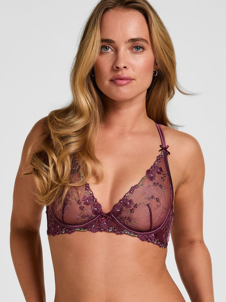 Hunkemoller Purple Peonie Non-Padded Underwired Longline Bra - Image 1 of 5