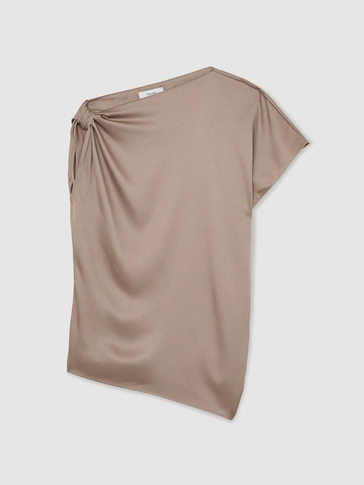 Reiss Champagne Neutral Kezia Satin Draped One-Shoulder Top - Image 2 of 6 Reiss Champagne Neutral Kezia Satin Draped One-Shoulder Top - Image 2 of 6