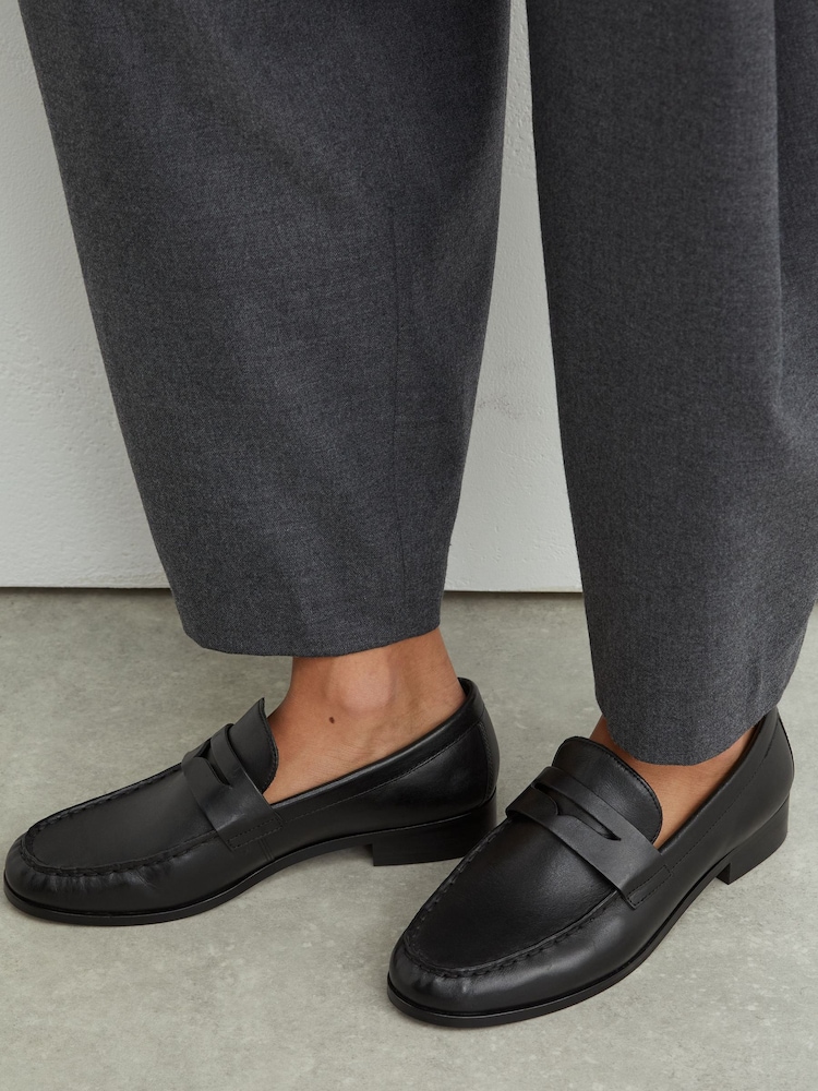Reiss Black Kallie Leather and Suede Penny Loafers - Image 1 of 5 Reiss Black Kallie Leather and Suede Penny Loafers - Image 1 of 5