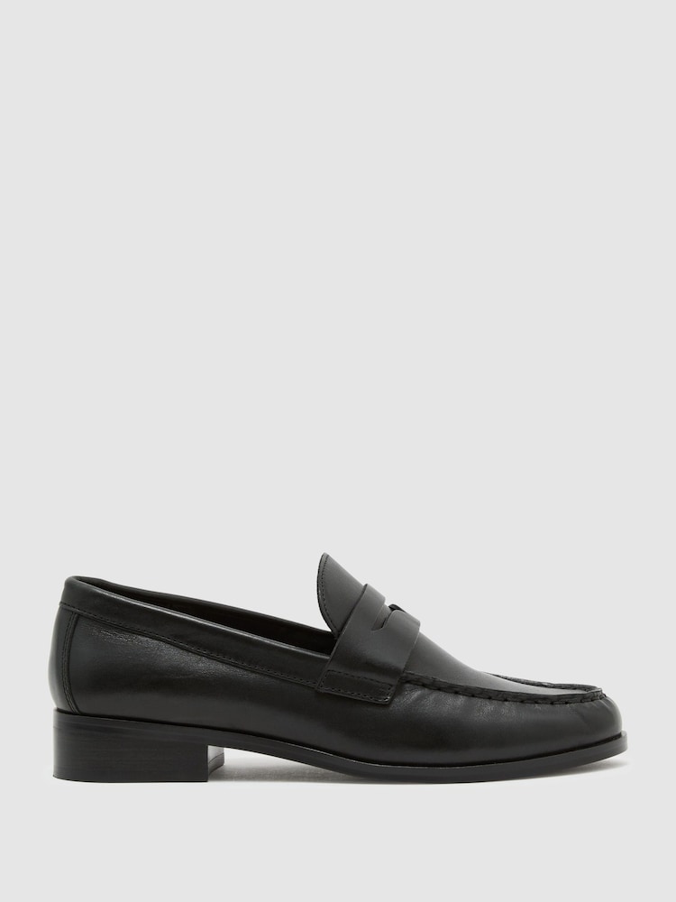 Reiss Black Kallie Leather and Suede Penny Loafers - Image 2 of 5 Reiss Black Kallie Leather and Suede Penny Loafers - Image 2 of 5
