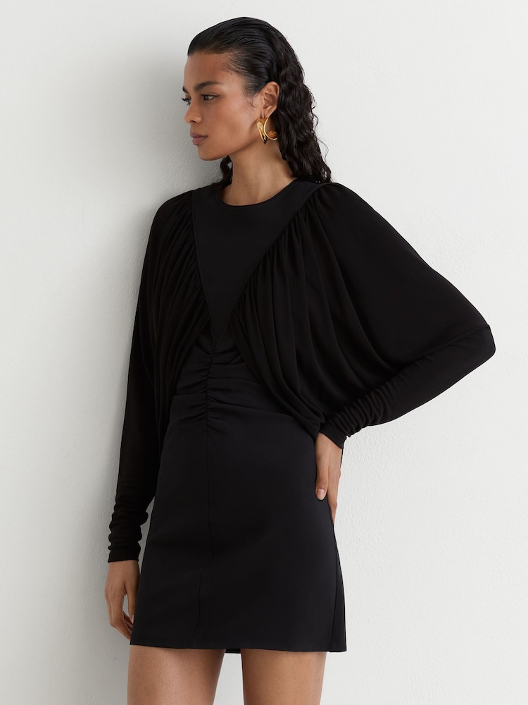 Reiss Black Imogen Draped Jersey Ruched Mini Dress - Image 1 of 6 Reiss Black Imogen Draped Jersey Ruched Mini Dress - Image 1 of 6