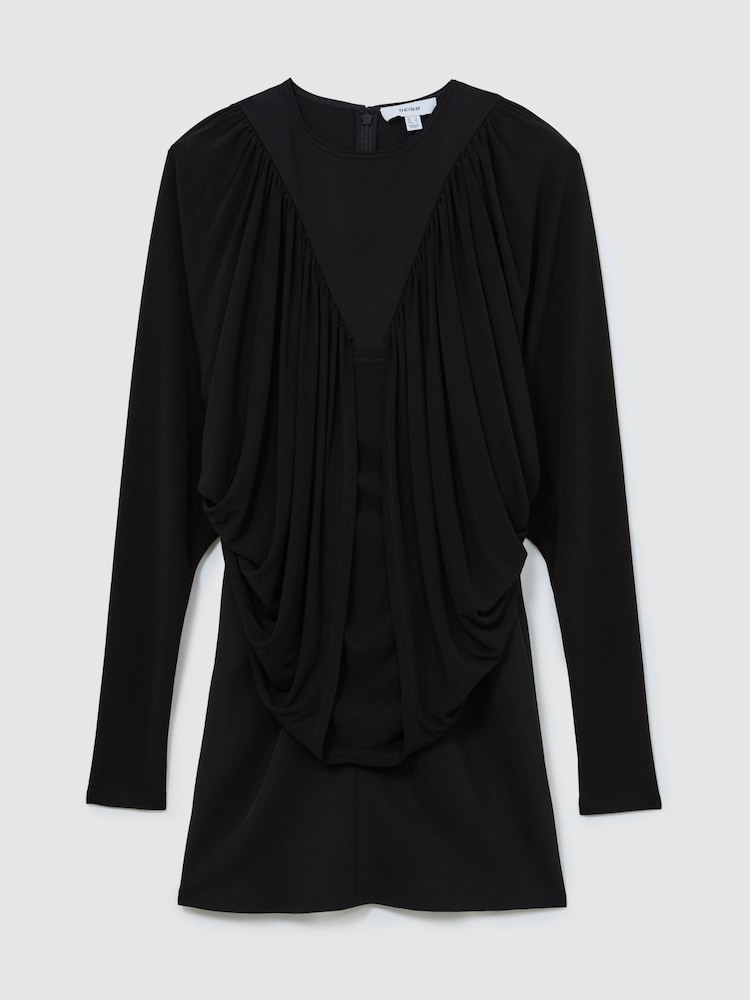 Reiss Black Imogen Draped Jersey Ruched Mini Dress - Image 2 of 6 Reiss Black Imogen Draped Jersey Ruched Mini Dress - Image 2 of 6