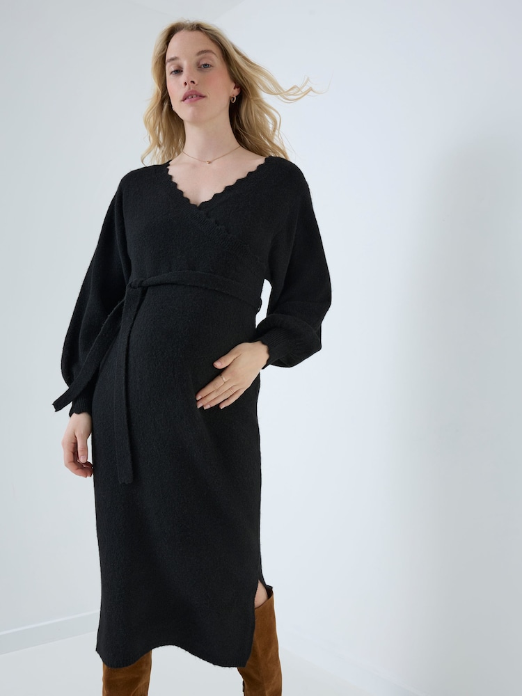 JoJo Maman Bébé Black Blouson Sleeve Maternity Knitted Midi Dress - Image 1 of 4 JoJo Maman Bébé Black Blouson Sleeve Maternity Knitted Midi Dress - Image 1 of 4