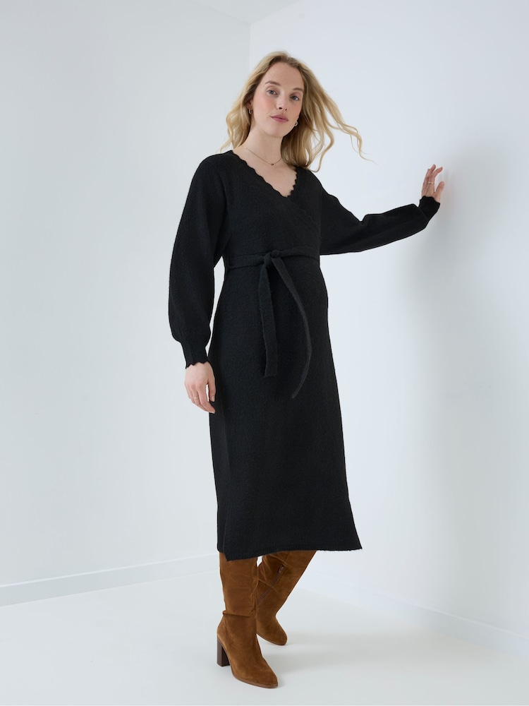 JoJo Maman Bébé Black Blouson Sleeve Maternity Knitted Midi Dress - Image 2 of 4 JoJo Maman Bébé Black Blouson Sleeve Maternity Knitted Midi Dress - Image 2 of 4