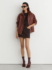 Reiss Chocolate Brown Darcie Patch-Pocket Mini Skirt with Wool - Image 1 of 6