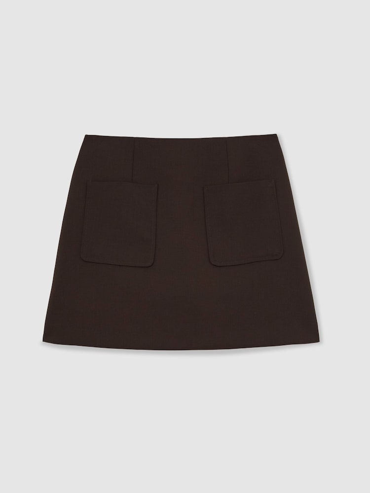 Reiss Chocolate Brown Darcie Patch-Pocket Mini Skirt with Wool - Image 2 of 6 Reiss Chocolate Brown Darcie Patch-Pocket Mini Skirt with Wool - Image 2 of 6
