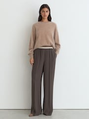 Reiss Mocha Brown Sonnie Petite Elasticated-Waist Wide-Leg Trousers - Image 1 of 7