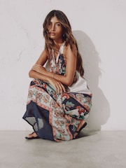 Navy Peach Floral Halter Neck Cowl Neck Top - Image 3 of 5