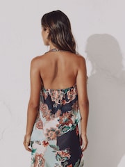 Navy Peach Floral Halter Neck Cowl Neck Top - Image 4 of 5