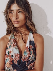Navy Peach Floral Halter Neck Cowl Neck Top - Image 5 of 5