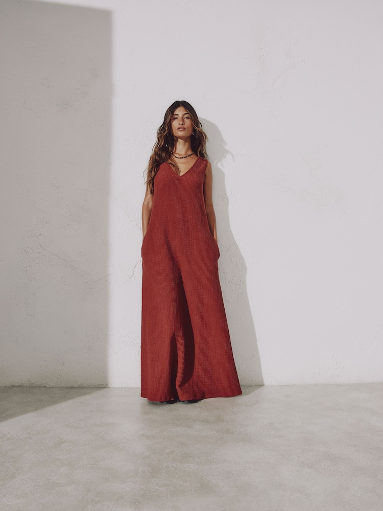 Rust Textured Jersey V-Neck Dress - Image 1 of 5 Rust Textured Jersey V-Neck Dress - Image 1 of 5