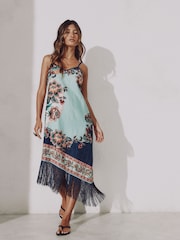 Navy/Peach Floral Strappy Asymmetric Fringed Hem Midi Dress - Image 1 of 5