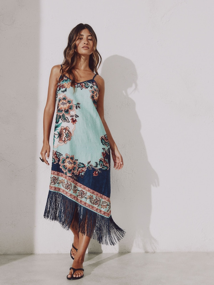 Navy/Peach Floral Strappy Asymmetric Fringed Hem Midi Dress - Image 1 of 5