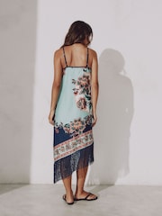 Navy/Peach Floral Strappy Asymmetric Fringed Hem Midi Dress - Image 3 of 5