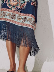 Navy/Peach Floral Strappy Asymmetric Fringed Hem Midi Dress - Image 4 of 5