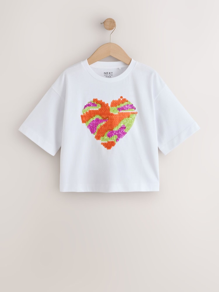 White Pastel Boxy Sequin Heart T-Shirt (3-16yrs) - Image 1 of 3 White Pastel Boxy Sequin Heart T-Shirt (3-16yrs) - Image 1 of 3