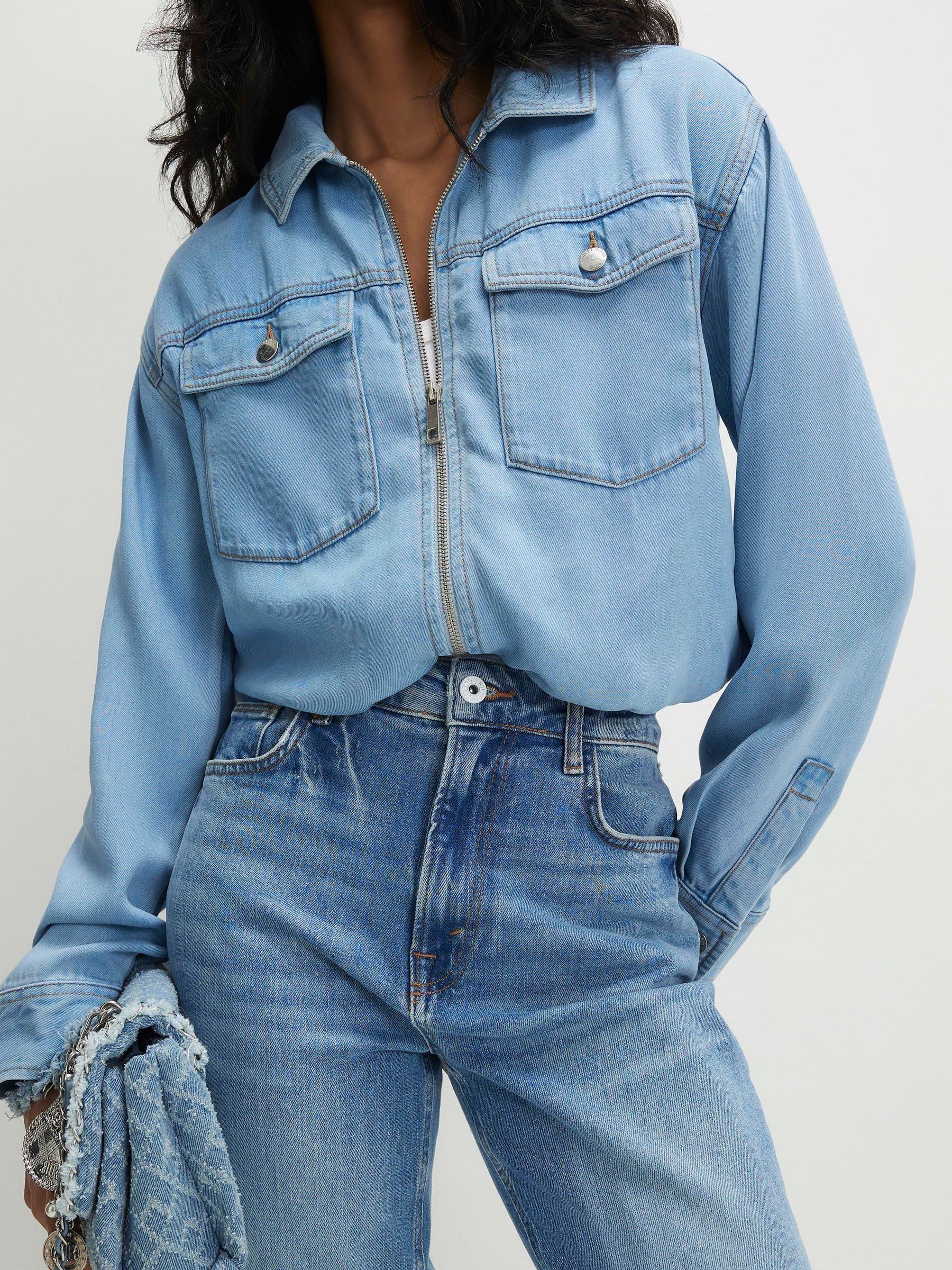 Buy River Island Blue Denim Zip Through Bomber Jacket from Next USA