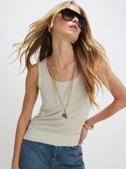 River Island Cream Racer Neck Contains Linen Top  Vest - Image 1 of 4