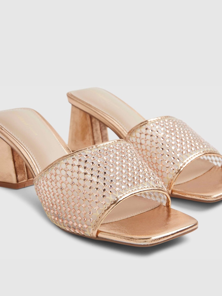 River Island Gold Embellished Mesh Mule Heeled Sandals - Image 6 of 6 River Island Gold Embellished Mesh Mule Heeled Sandals - Image 6 of 6