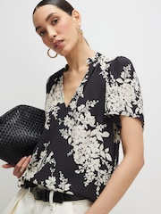 River Island Black Floral V-Neck Short Sleeve Top - Image 1 of 4