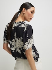 River Island Black Floral V-Neck Short Sleeve Top - Image 3 of 4
