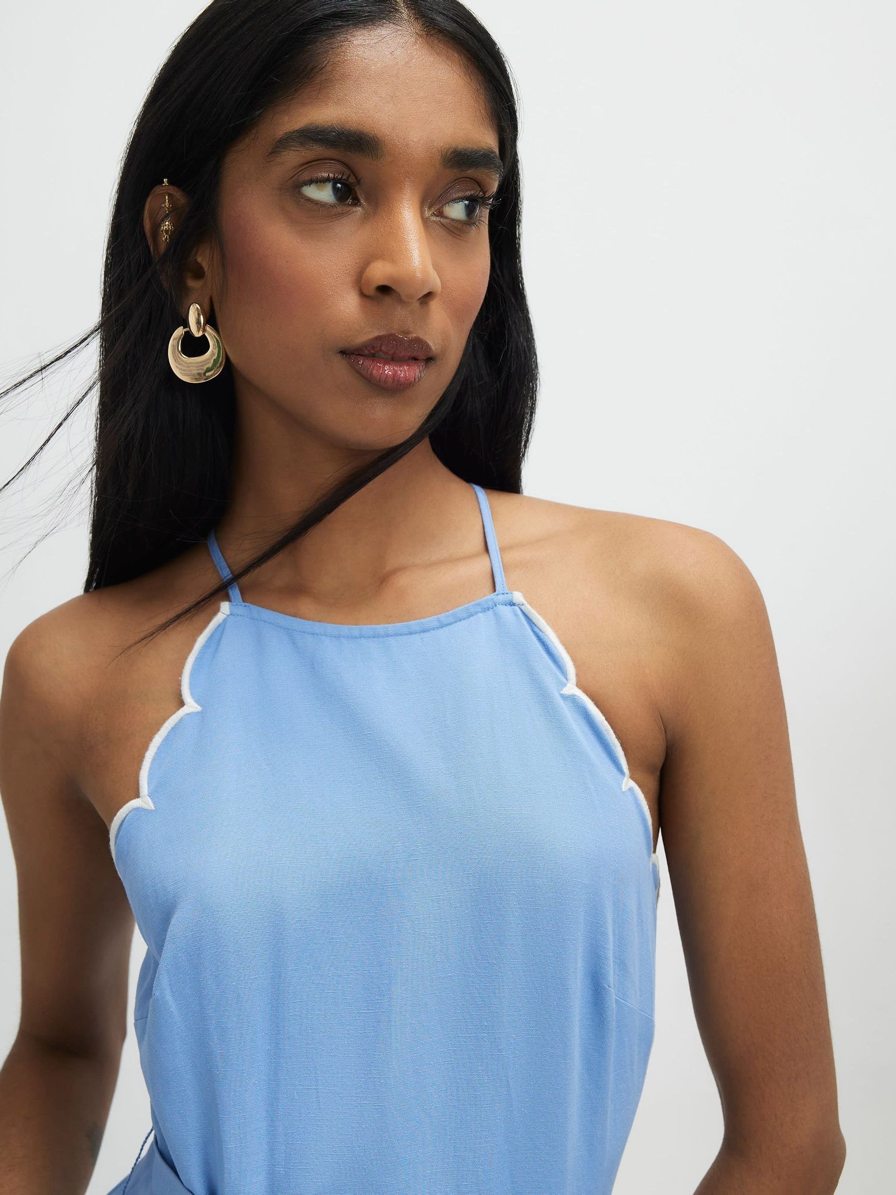 Buy River Island Blue Sleeveless Belted Scallop Edge Linen Look