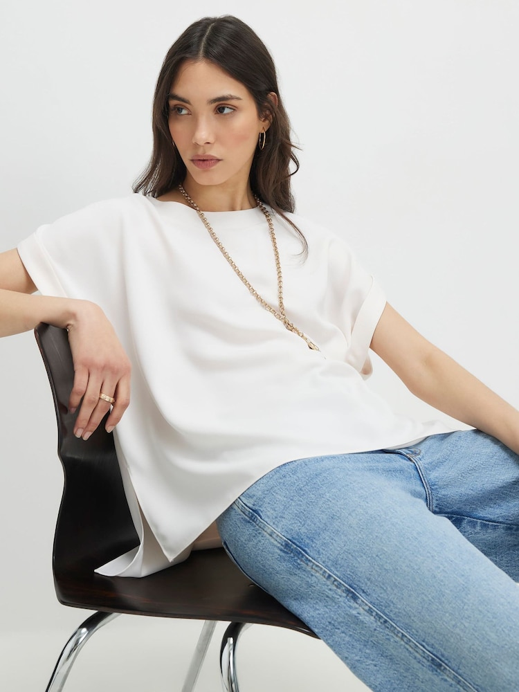 River Island Cream Short Sleeve Satin Turn Back Cuff T-Shirt - Image 1 of 4