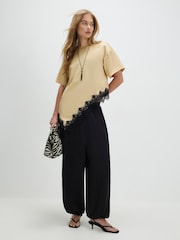 River Island Natural Short Sleeve Asymmetric Lace Satin T-Shirt - Image 1 of 4