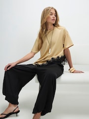 River Island Natural Short Sleeve Asymmetric Lace Satin T-Shirt - Image 2 of 4