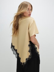 River Island Natural Short Sleeve Asymmetric Lace Satin T-Shirt - Image 3 of 4