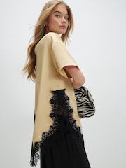 River Island Natural Short Sleeve Asymmetric Lace Satin T-Shirt - Image 4 of 4