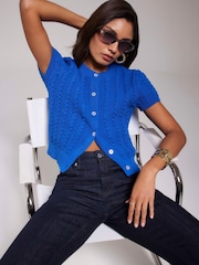 River Island Blue Short Sleeve Cable Knit Button Up Top - Image 5 of 6