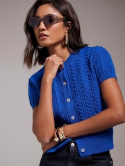 River Island Blue Short Sleeve Cable Knit Button Up Top - Image 6 of 6