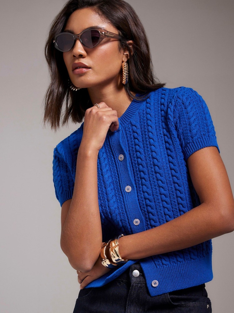 River Island Blue Short Sleeve Cable Knit Button Up Top - Image 6 of 6