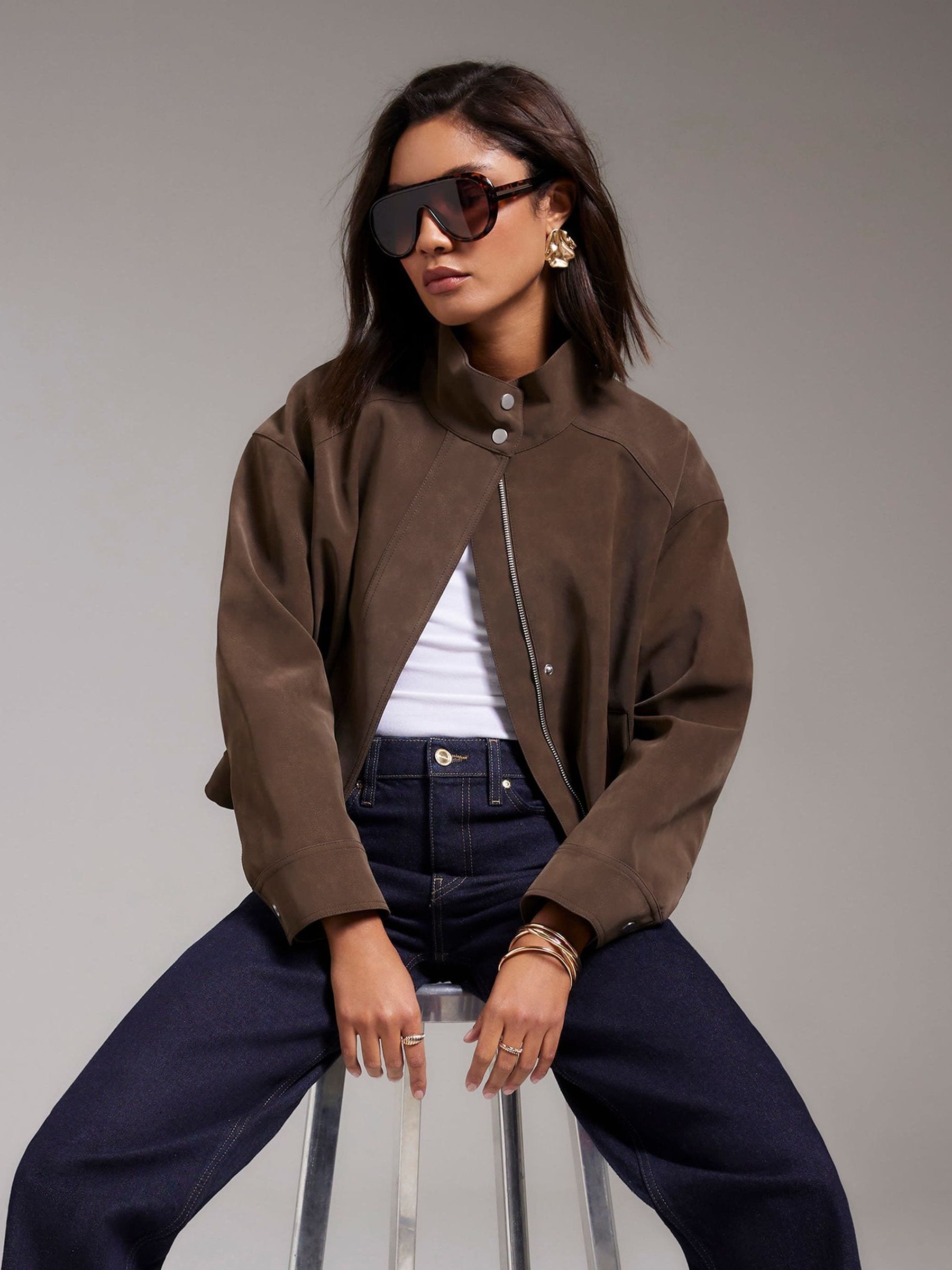 Buy River Island Brown Faux Leather Washed Funnel Neck Bomber