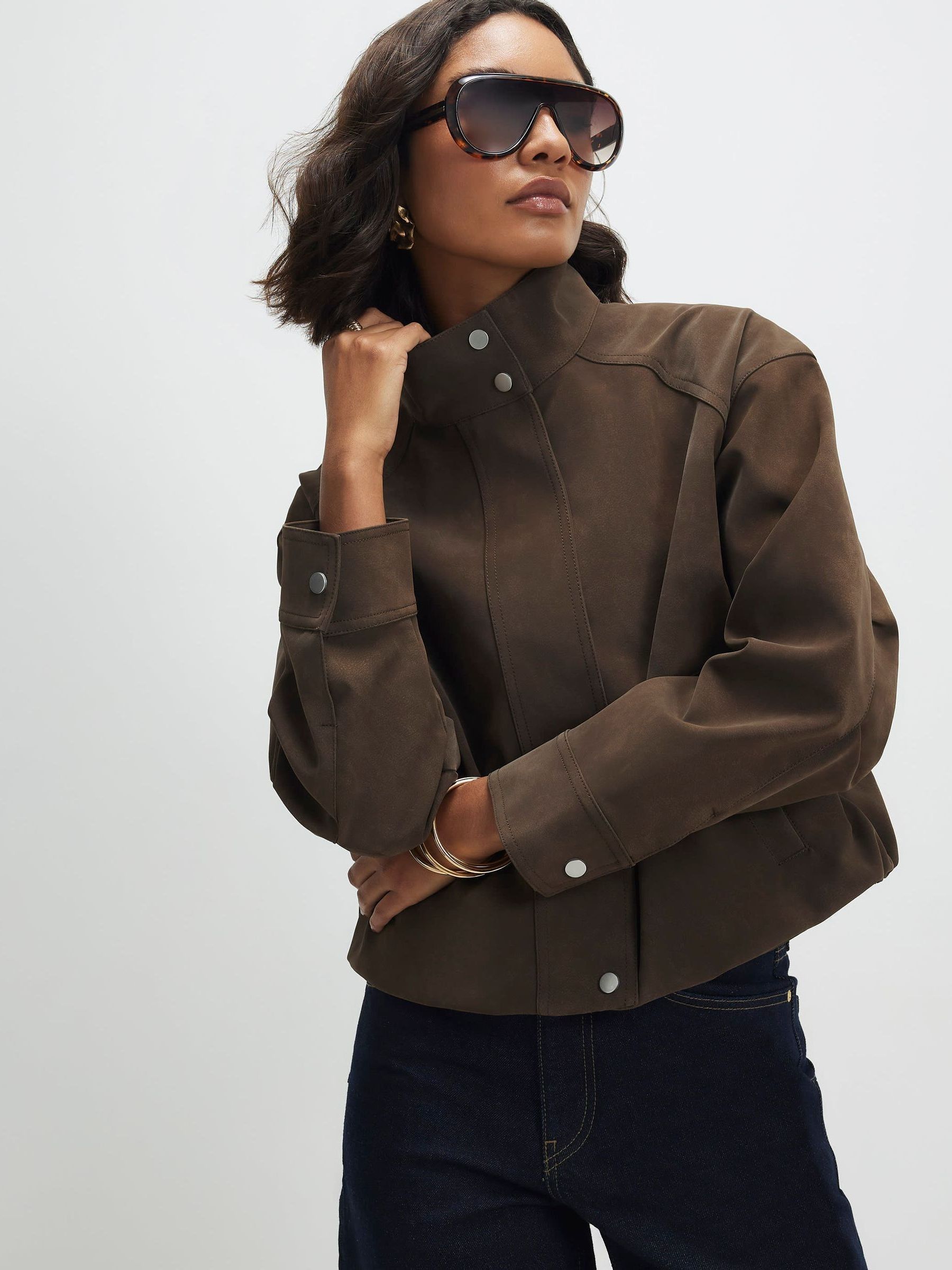Buy River Island Brown Faux Leather Washed Funnel Neck Bomber