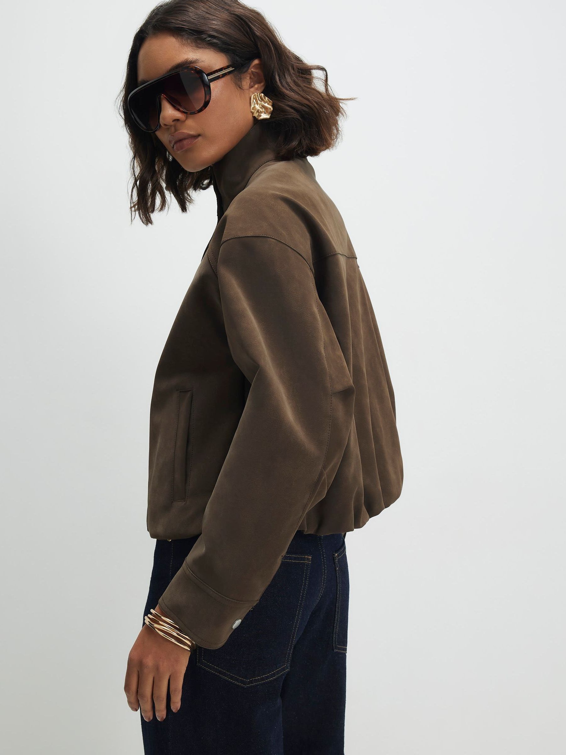 Buy River Island Brown Faux Leather Washed Funnel Neck Bomber