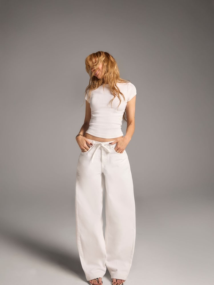 River Island White Mid Rise Drawcord Baggy Barrel Leg Jeans - Image 2 of 7