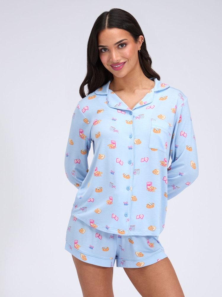 Boux Avenue Blue Breakfast Print Short Pyjama Set - Image 1 of 6